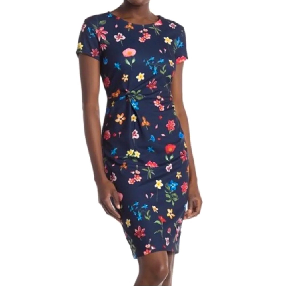 T Tahari Navy Blue Floral Front Knot Dress 6
